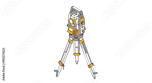 Electronic Total Station Surveying Instrument on Tripod. Precision Geospatial Measurement Technology Line Art Icon.