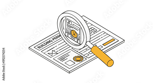 Building Permit Review and Rejection Isometric Icon. Magnifying glass checking compliance documents and official approval process.