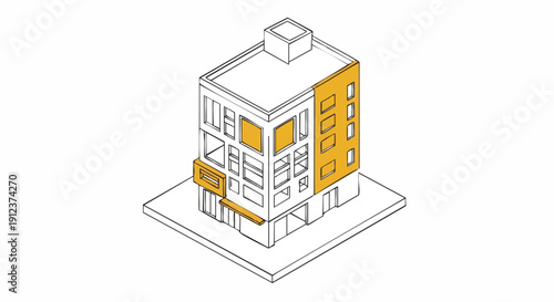 Modern Isometric Building Illustration. Urban Architecture Outline with Yellow Accents. Real Estate Vector Graphic for Housing or Commercial Use.
