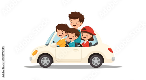 Animated family excursion in a cartoon convertible, creating happy memories together during their