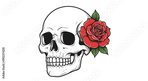 Anatomical skull adorned with a vibrant red rose illustration depicting symbolic contrast