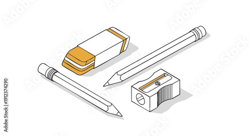 Isometric Stationery Set: Pencil, Sharpener, and Eraser. Outline Drawing of Education and School Supplies.