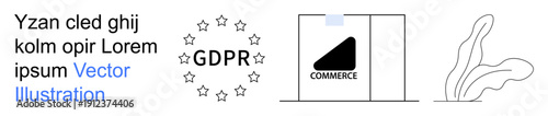 Data privacy, e-commerce, digital security, regulatory compliance, business standards, online transactions. GDPR icon, commerce package abstract shapes. Data privacy and e-commerce