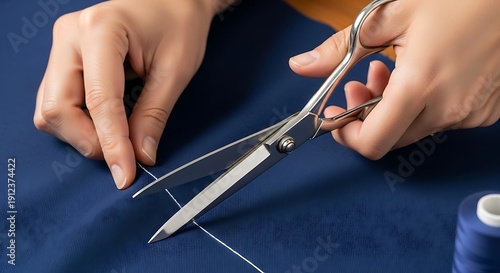 Hands skillfully cutting vibrant navy fabric with sharp steel scissors
