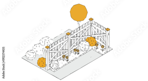 Modern Isometric Landscaping Design: Wooden Fence, Gate Posts, and Stylized Garden Corner Vector Illustration.