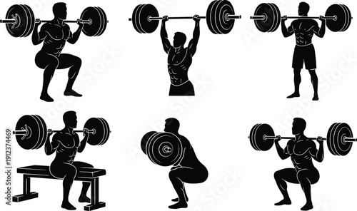 Bodybuilder weightlifting silhouette set with squat bench press and overhead barbell exercises vector illustration isolated on white background