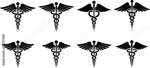 Caduceus medical symbol set black silhouette winged staff with snakes healthcare pharmacy emblem vector illustration isolated on white background
