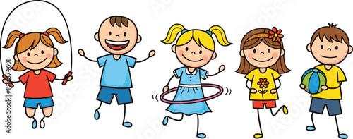 Cute happy children playing jump rope, hula hoop and ball cartoon vector illustration isolated on white background
