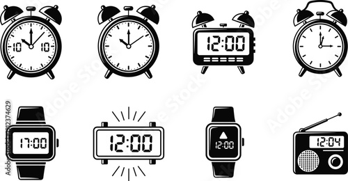 Black and white clock and alarm icons set showing analog digital watch radio time devices vector illustration collection
