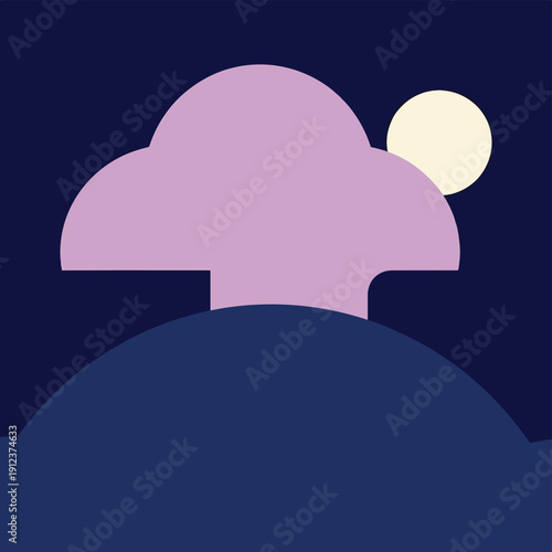 Abstract minimalist landscape illustration capturing the tranquil essence of a crescent moon setting over serene hills and a whimsical cloudscape at night