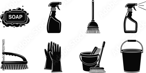 Black and white cleaning tools icons set featuring soap spray bottle broom brush gloves bucket for household hygiene vector illustration