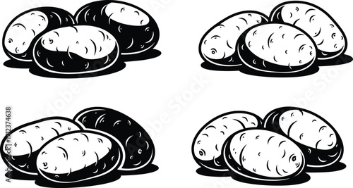 Potato pile black and white engraving style vector illustration set isolated on white background organic farm vegetable design