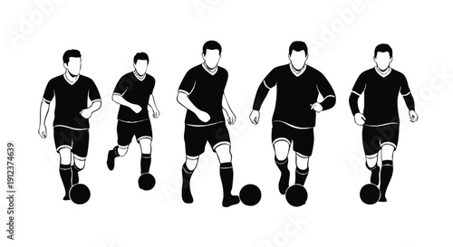 Silhouette of five soccer players in motion, dribbling balls in slow motion against a clean white background.