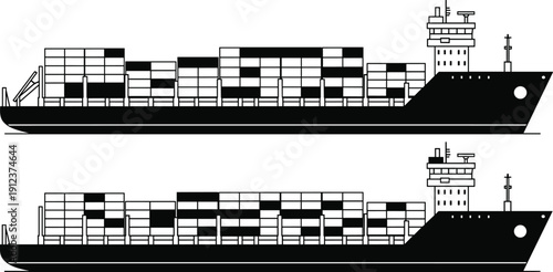 Black and white container cargo ship silhouette illustration showing global shipping logistics maritime transport freight vessel design concept