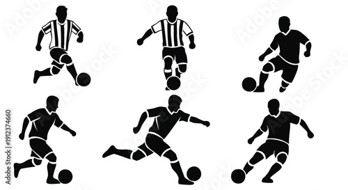 Collection of black silhouettes of soccer players in various poses with balls on white background.