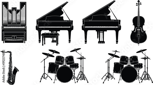 Black and white musical instruments icons set featuring piano organ cello saxophone and drum kit for music performance vector illustration