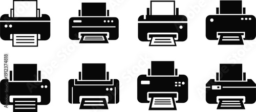 Black and white printer icons set showing office printing devices technology symbols silhouette illustration graphic design collection