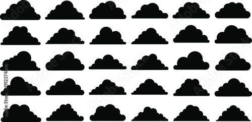 Cloud silhouettes icons set, black weather cloud shapes collection, simple sky and atmosphere symbols isolated on white background