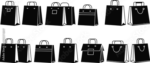 Black shopping bag icons set, minimalist retail packaging silhouettes for ecommerce branding, store sales promotions, consumer lifestyle illustration vector design