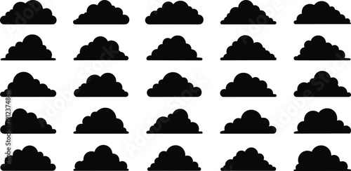 Black cloud silhouettes icon set showing weather symbols sky shapes overcast forecast elements minimalist illustration design collection