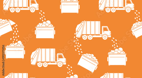Animated orange backdrop with sanitation trucks and overflowing containers providing a recycling