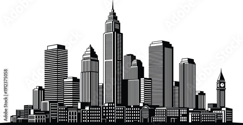 Black, silhouette, city, skyline, skyscrapers, urban, downtown, buildings, metropolis, architecture, cityscape, vector, illustration, modern, business, district, isolated, white, background, panorama