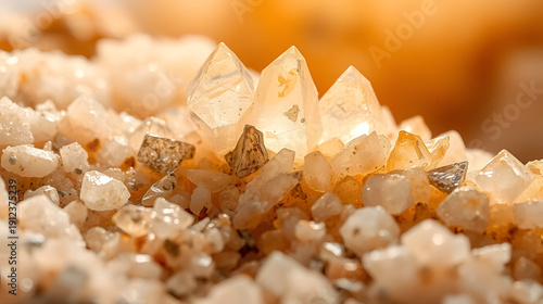 Gleaming apophyllite crystals rise amidst the warm glow of stilbite, creating a miniature landscape of mineralogical wonder