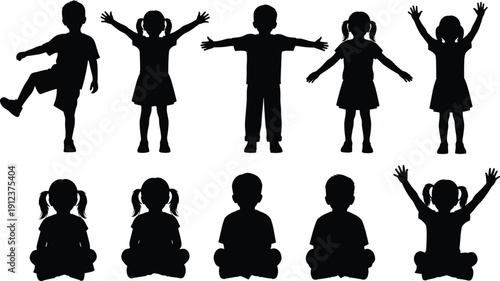 A collection of black silhouettes featuring happy children in various poses including standing, jumping, and sitting cross-legged on a white background for creative design.