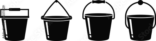 Bucket icon set silhouette illustration, plastic pail containers with handles, cleaning construction utility symbols, isolated black vector collection on white background