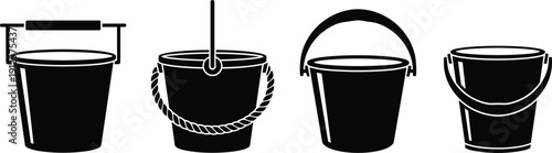 Bucket icon set silhouette illustration, plastic pail containers with handles and rope, cleaning construction utility symbols, isolated black vector on white background