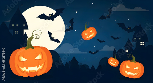 Halloween Night Scene with Spooky Jack O' Lantern Pumpkins and Bats