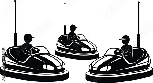 Bumper car silhouette vector illustration set, amusement park dodgem ride with drivers isolated on white background