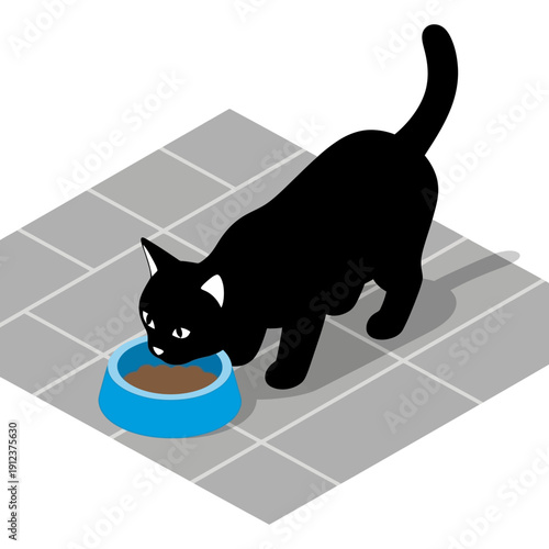 Black cat eating from a blue bowl on a tiled floor.