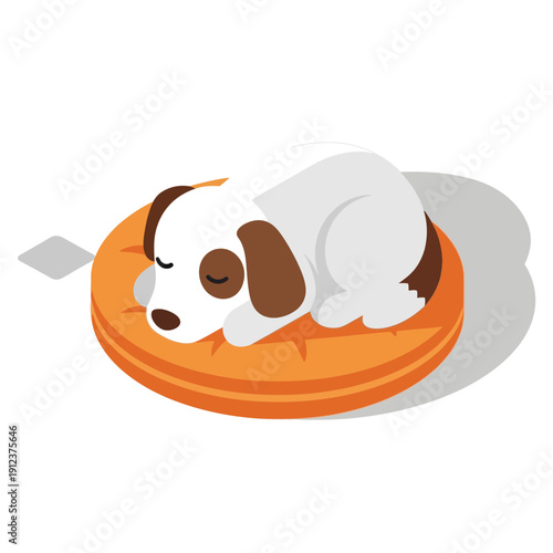 Adorable dog sleeping on a vibrant orange cushion.