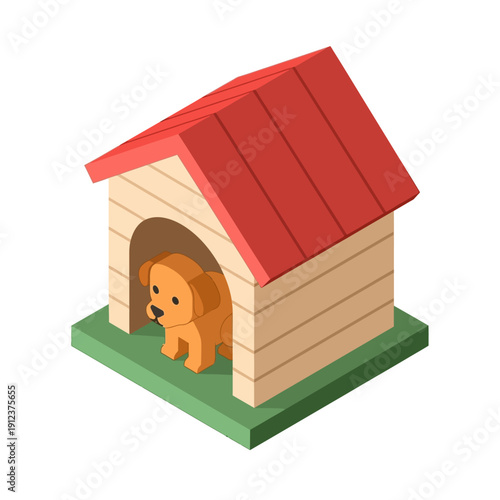 Cartoon doghouse with a dog inside on a green platform.