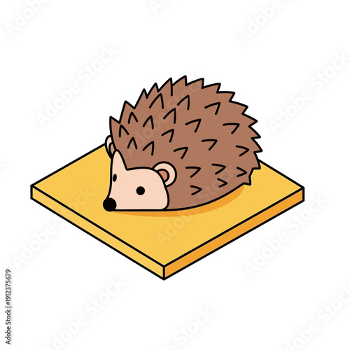 Cartoon hedgehog resting on a yellow square platform.