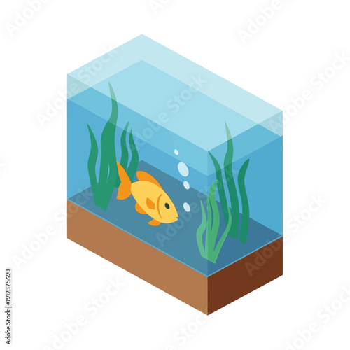 A cartoon goldfish in a glass aquarium with green plants and bubbles.