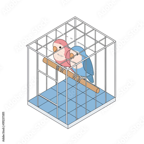 Two birds in a cage, one pink and one blue, perched on a wooden bar.