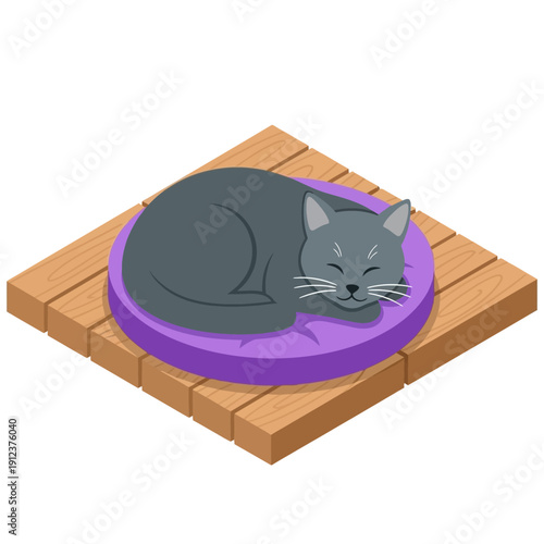 Gray cat sleeping on a purple cushion on a wooden deck.