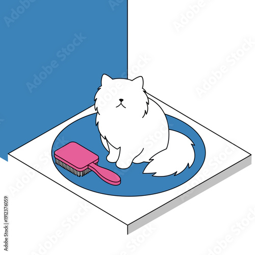 White cat being groomed with a brush on a blue mat.