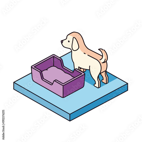 Cartoon dog standing beside an empty litter box on a blue platform.