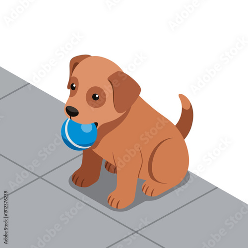 Adorable brown dog holding blue ball on gray floor.