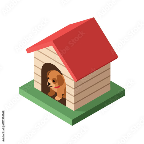 Dog in a doghouse on a green lawn.