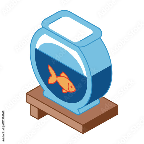 Goldfish in a blue fishbowl on a wooden stand.