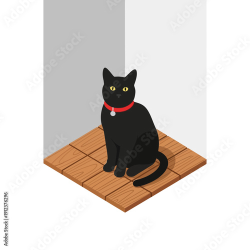 Black cat sitting on a wooden floor with a red collar.