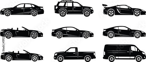 Black car silhouette vector set with sedan SUV sports racing car convertible pickup truck and delivery van transport icons collection isolated on white background for automotive.