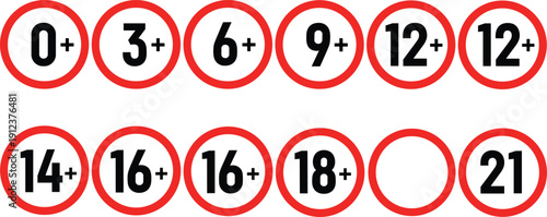 Age restriction icon set illustration, content rating symbols from 0 plus to 21, parental guidance warning signs, media control, isolated vector collection
