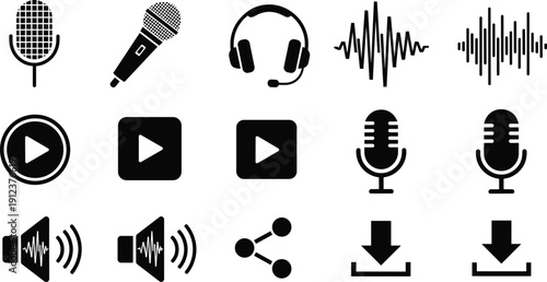 Audio media icon set illustration, microphones headphones waveform symbols, podcast sound controls, play share download buttons, isolated black vector collection