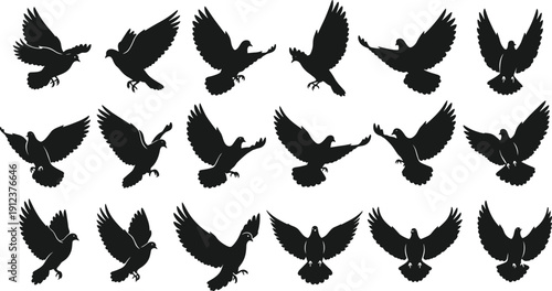 Black dove silhouette vector set with flying pigeon bird group wings spread peace symbol spirit icons collection isolated on white background for wedding logo design.