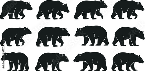Bear silhouette icon set, walking bear poses collection, wild animal wildlife symbols, nature themed black vector illustration design